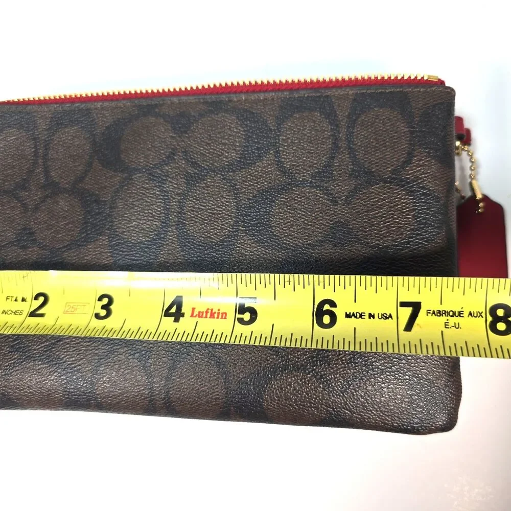Coach Signature Double Zip Wristlet Wallet Brown Canvas Red Trim Leather